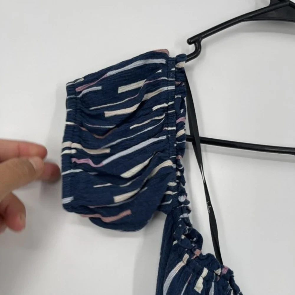 Lulus Navy Stripe Off Shoulder Cropped‎ Jumpsuit Belted Wide Leg Size Medium